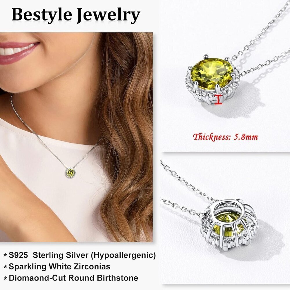 Sterling Silver Birthstone Necklace 8mm Peridot Heart Round Teardrop - Picture 4 of 6
